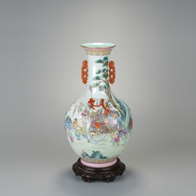 Famille Rose Character Story Pattern Porcelain Double Ears Vase