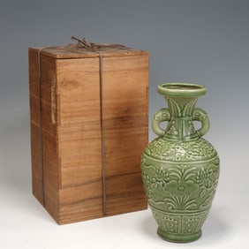 Green Glazed Carved Flower Pattern Porcelain Double Ears Vase