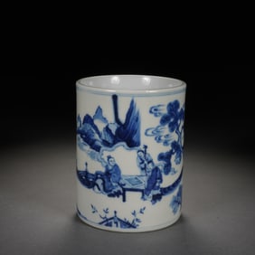 Blue and White Landscape and Character Story Pattern Porcelain Brush Pot