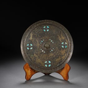 Chinese Bronze Gold and Silver Inlaid Carved Beast Pattern Mirror