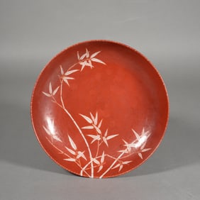 Red Glazed Bamboo Pattern Porcelain Plate