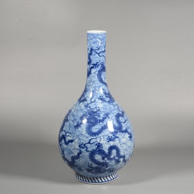 Blue and White Dragon and Sea Wave Pattern Porcelain Vase