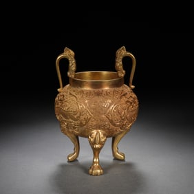 Gilt Bronze Carved Flower and Beast Pattern Double Dragon Ears Incense Burner