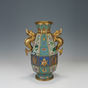 Bronze Cloisonne Carved Lotus Flower and Eight Treasure Pattern Double Dragon Ears Vase