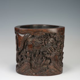 Red Sandalwood Carved Tree and Character Story Pattern Brush Pot