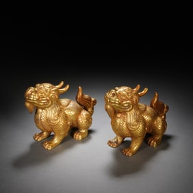 Pair of Gilt Bronze Carved Kirin Shape Figure