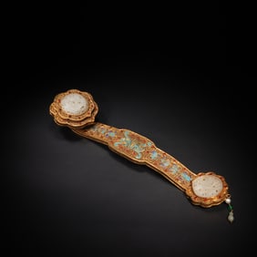 Gilt Silver Inlaid Blue Enameled and Jade Carved Flower and Goose Pattern RuYi Ornament