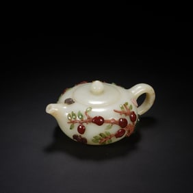 Jade Inlaid Gem Stone Carved Peach Pattern Pot