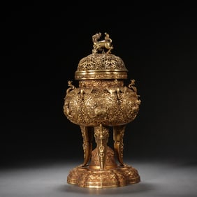 Gilt Bronze Carved Flower and Beast Pattern Incense Burner