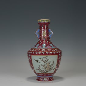 Famille Rose Flower and Bird Pattern Porcelain Double Ears Vase