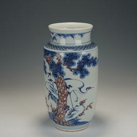 Blue and White Red Inglazed Pine Tree and Crane Pattern Porcelain Pot