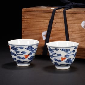 Pair of Blue and White Orange Draw Cloud and Bat Pattern Porcelain Cup