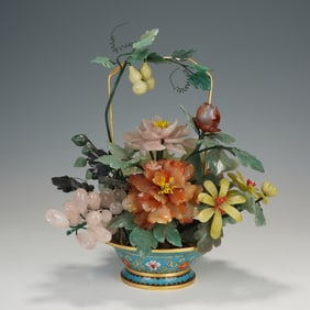 Bronze Cloisonne Inlaid Gem Stone Carved Flower and Flower Pot Ornament