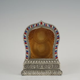 Silver Carved Flower Pattern Buddha Niche