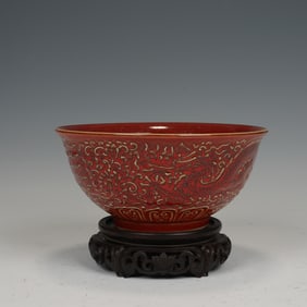 Red Glazed Carved Dragon Pattern Porcelain Bowl