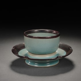 Group of Two Light Grey Glazed Porcelain Plate and Cup