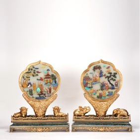 Pair of Bronze Cloisonne Inlaid Gem Stone Carved Character Story Pattern Table Plaque