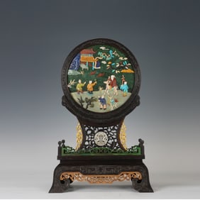 Red Sandalwood Inlaid Gem Stone Carved Character Story Pattern Table Plaque