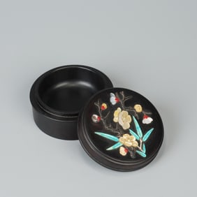 Red Sandalwood Inlaid Gem Stone Carved Flower Pattern Lid Box
