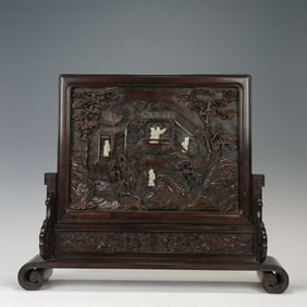 Red Sandalwood Inlaid Jade Carved Character Story and Landscape Pattern Table Plaque