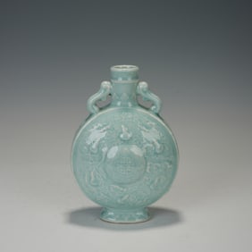 Light Grey Glazed Carved Bat and Gourd Pattern Porcelain Moon Shaped Vase