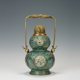 Bronze Cloisonne Inlaid Jade Carved Flower and Deer Pattern Handle Pot
