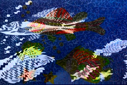 Yayoi Kusama, Fish Famaily, Oil on Canvas