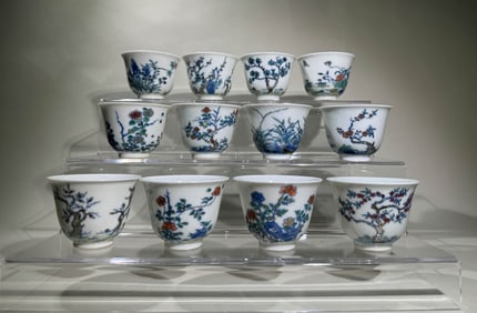 Group of Twelve Doucai Flower Pattern Porcelain Cup