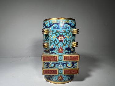 Bronze Cloisonne Carved Flower Pattern Cong Shape Brush Pot