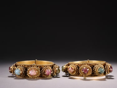 Pair of Gilt Silver Inlaid Gem Stone Carved Flower Pattern Bangle