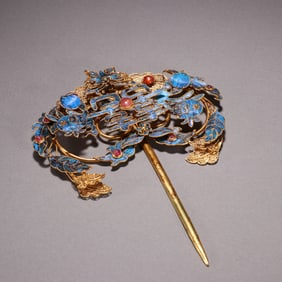 Gilt Silver Blue Feather Inlaid Carved Flower Pattern Hairpin