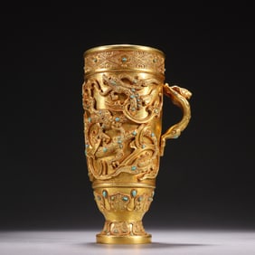 Solid Gold Inlaid Turquoise Carved Dragon Pattern Cup