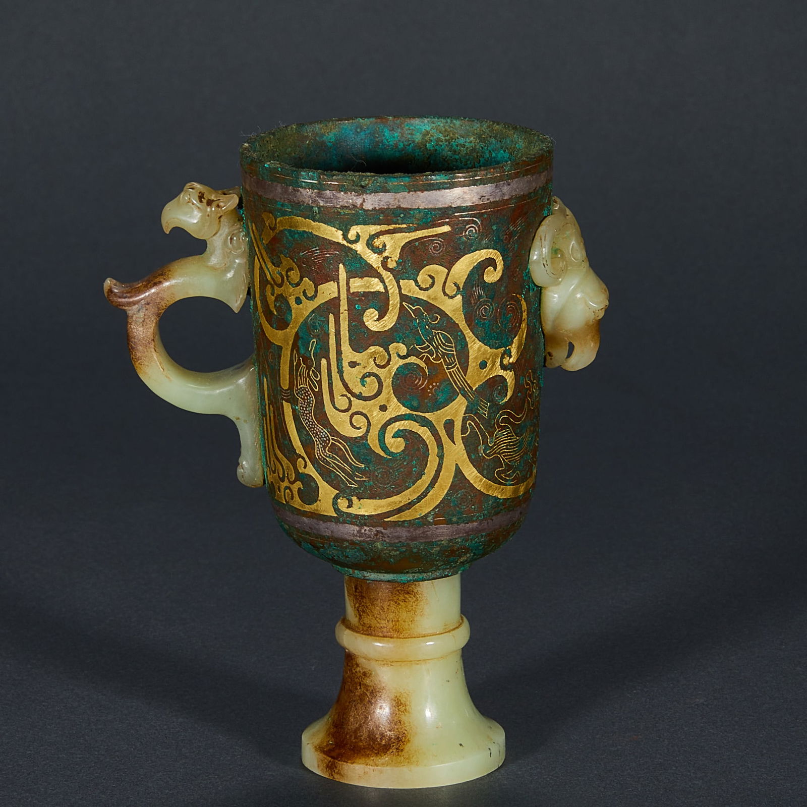 Jade Gold and Silver Inlaid Chinese Bronze Carved Dragon Pattern Cup: Jade Gold and Silver Inlaid Chinese Bronze Carved Dragon Pattern Cup (12.5 x 9.5cm)