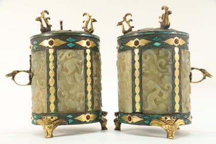 Pair of Jade Gold and Silver Inlaid Chinese Bronze Carved Dragon Pattern Cup