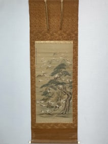Chinese Drawing Pine Tree and Crane Painting,Shen Quan Mark