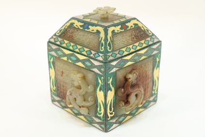 Jade Gold and Silver Inlaid Chinese Bronze Carved Chi Dragon Pattern Lid Box
