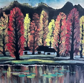 Lin Fengmian mark, Chinese Red Forest Painting, Ink and Color on Paper, Mounted