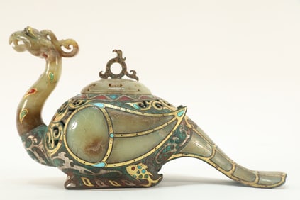 Jade Gold and Silver Inlaid Carved Phoenix Shape Incense Burner