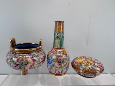 Group of Three Bronze Enamel Blue Base Peach Pattern Vase and Lid Box & Incense Burner