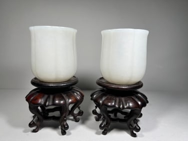 Pair of Jade Carved Flower Shape Cup