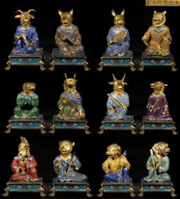 Group of Twelve Bronze Cloisonne Carved Chinese Zodiac Shape Figure