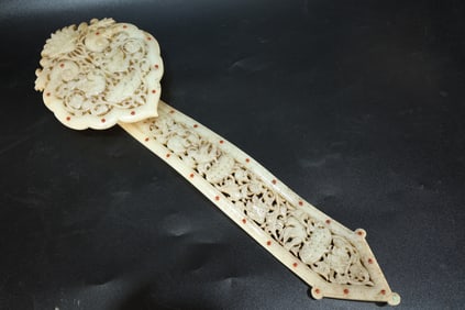 Jade Inlaid Gem Stone Carved Flower and Bird Pattern RuYi Ornament