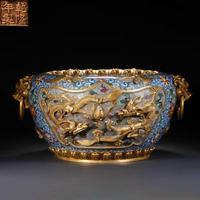 Bronze Cloisonne Carved Flower and Dragon Pattern Double Beast Ears Pot