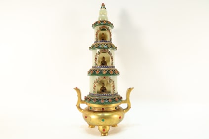 Jade Inlaid Gilt Bronze and Gem Stone Pagoba