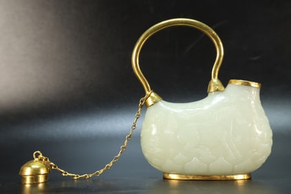 Jade Inlaid Solid Gold Carved Horse and Character Pattern Teapot