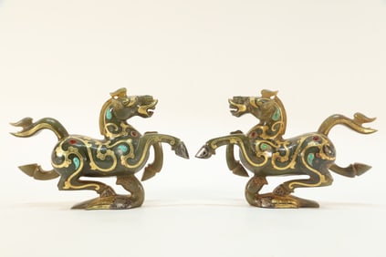 Pair of Jade Inlaid Solid Gold and Gem Stone Carved Horse Shape Ornament