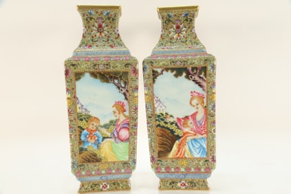 Pair of Enamel Drawing Character Story Pattern Porcelain Vase