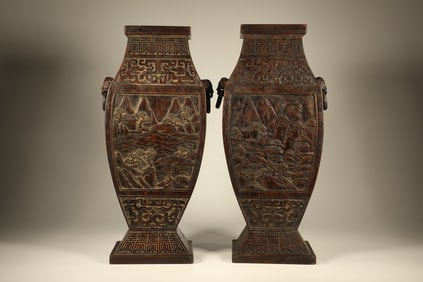 Pair of Agarwood Carved Landscape and Character Pattern Vase