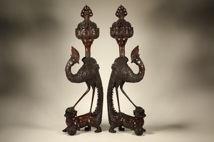 Pair of Agarwood Carved Phoenix Shape Incense Burner