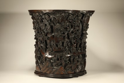 Agarwood Carved Landscape and Character Story Pattern Brush Pot